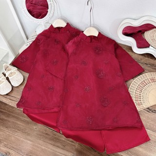 Áo dài cặp đôi cho mẹ và bé hoạ tiết hoa đỏ, áo dài cho bé gái 4 tà chất tơ lụa sz 10-35kg