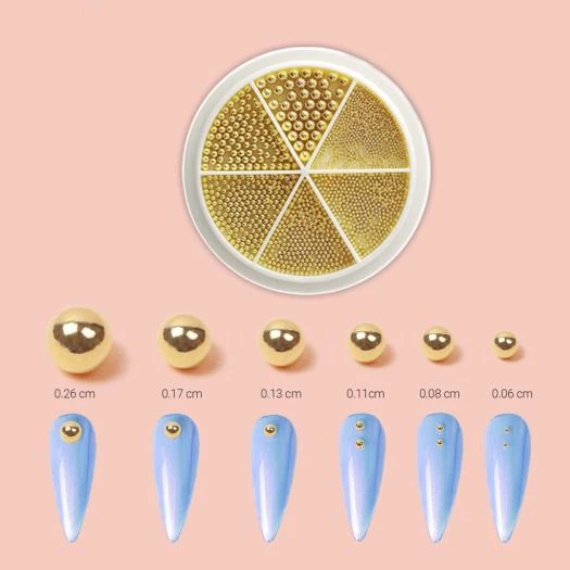Khay Bi Tròn Trang Trí Móng – 1 Khay 6 Size Màu Vàng, Hạt Bi Nail Kim Loại Cao Cấp, Dùng Gắn Trang Trí Móng Gel/Bột