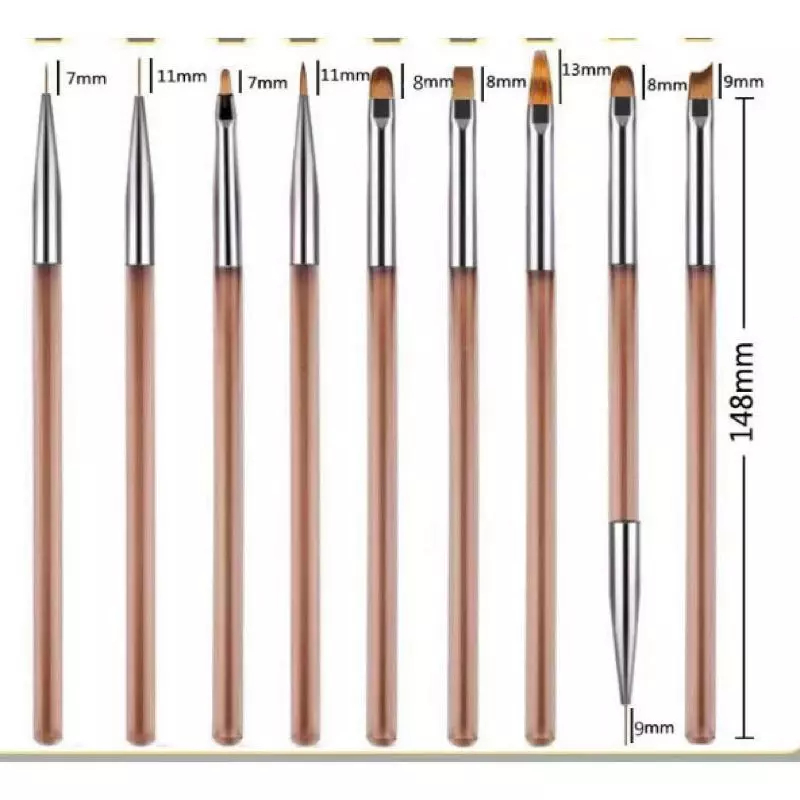 Bộ Cọ Vẽ Nail Chuyên Dụng 9 Cây Cán Trong – Cọ Vẽ Hoa, Kẻ Sợi, Đắp Gel, Đầu Cọ Mảnh Mịn, Phù Hợp Thợ Nail & Học Viên