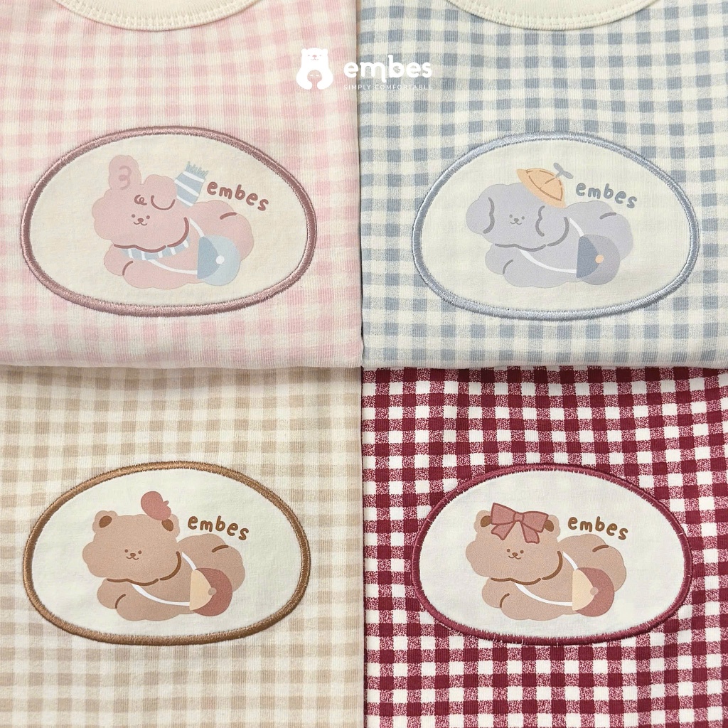 Đồ Bộ Cho Bé Embes, Bộ Dài Tay Kẻ Caro Ngực Đáp Hình Chất Cotton Dày Mặc Thu Đông Cho Bé Từ 8-18Kg