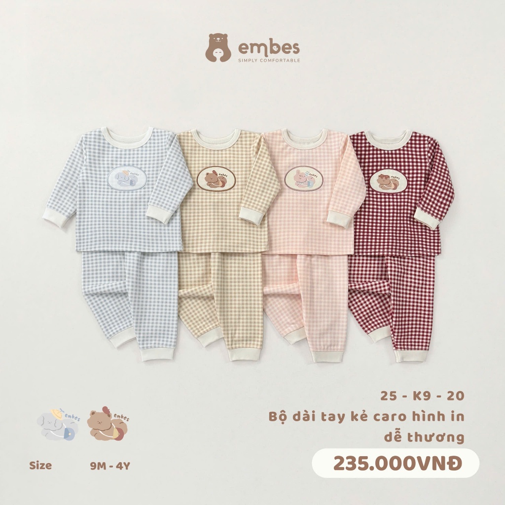 Đồ Bộ Cho Bé Embes, Bộ Dài Tay Kẻ Caro Ngực Đáp Hình Chất Cotton Dày Mặc Thu Đông Cho Bé Từ 8-18Kg