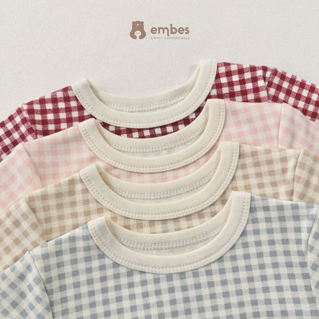 Đồ Bộ Cho Bé Embes, Bộ Dài Tay Kẻ Caro Ngực Đáp Hình Chất Cotton Dày Mặc Thu Đông Cho Bé Từ 8-18Kg
