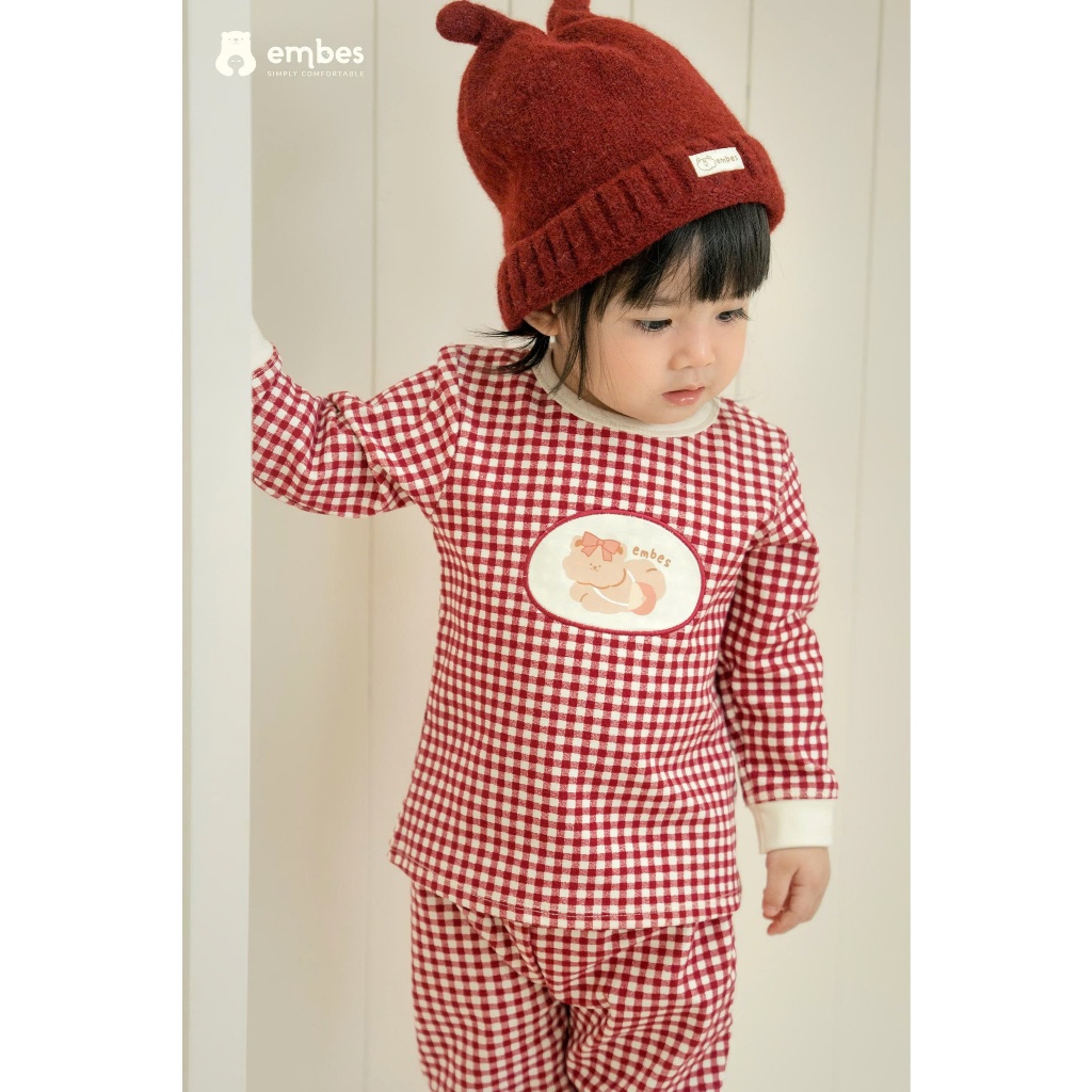 Đồ Bộ Cho Bé Embes, Bộ Dài Tay Kẻ Caro Ngực Đáp Hình Chất Cotton Dày Mặc Thu Đông Cho Bé Từ 8-18Kg