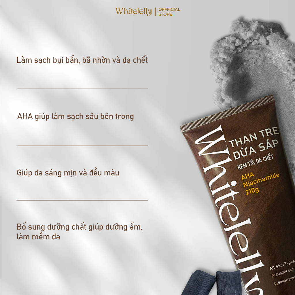 Kem Tẩy Tế Bào Chết Body Than Tre Dừa Sáp WhiteJelly 210g Làm Da Sáng Mịn, Đều Màu Hơn