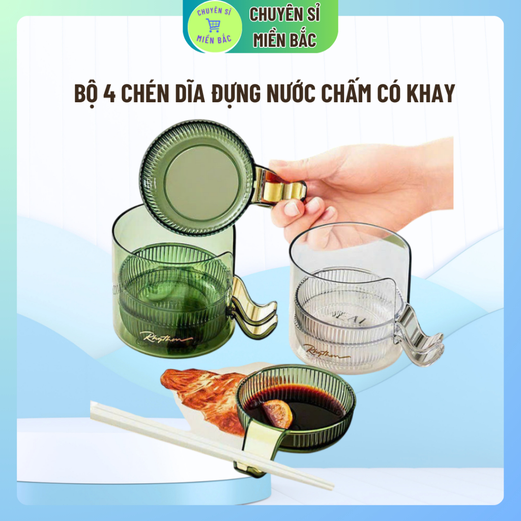 Bộ 4 Chén Dĩa Đựng Nước Chấm Có Khay Đựng Có Tay Cầm Tiện Dụng