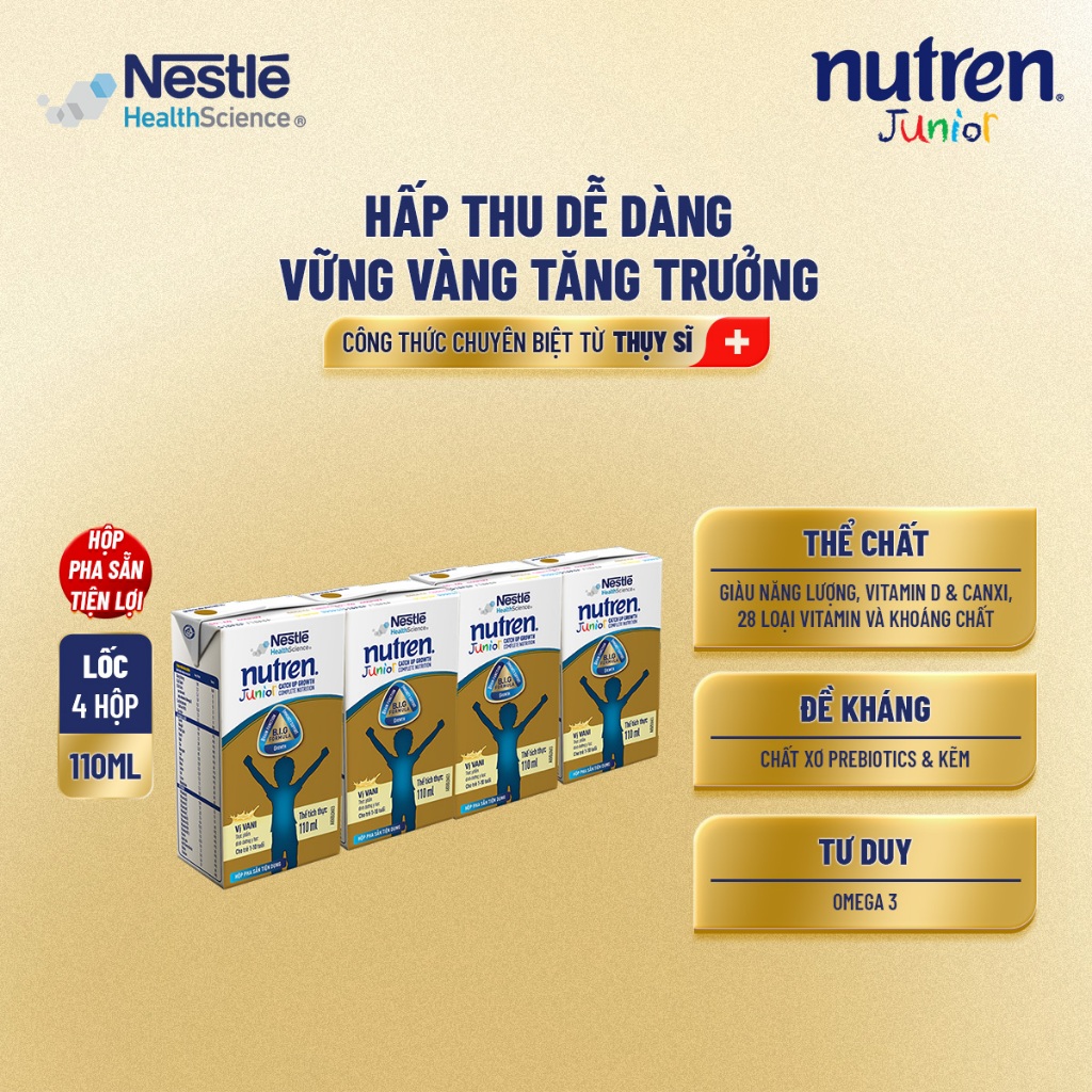 Lốc 4 Hộp Sữa Pha Sẵn NESTLÉ NUTREN JUNIOR Thụy Sĩ Công Thức BIG Tăng Trưởng 110ML