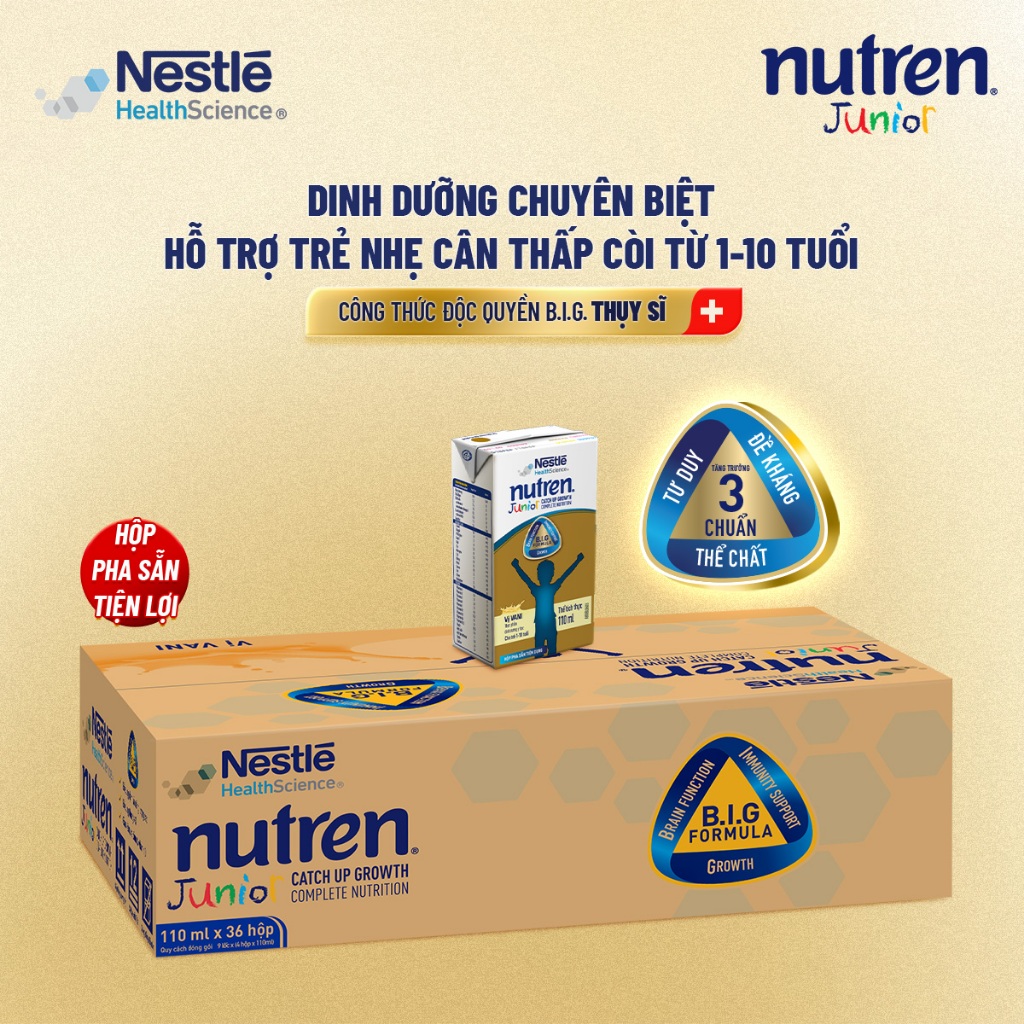 Bộ 2 Thùng 36 Hộp Sữa Pha Sẵn NESTLÉ NUTREN JUNIOR Thụy Sĩ Công Thức BIG Tăng Trưởng 110ML