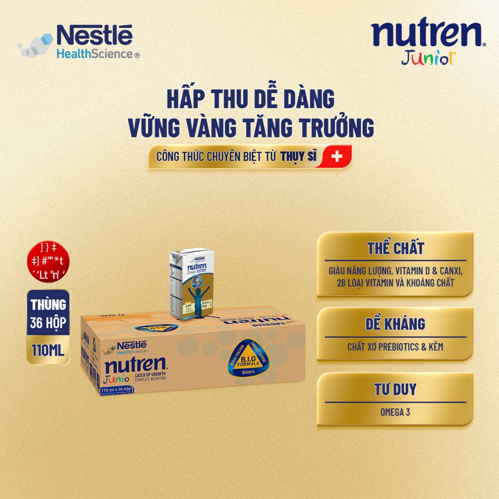 Bộ 2 Thùng 36 Hộp Sữa Pha Sẵn NESTLÉ NUTREN JUNIOR Thụy Sĩ Công Thức BIG Tăng Trưởng 110ML