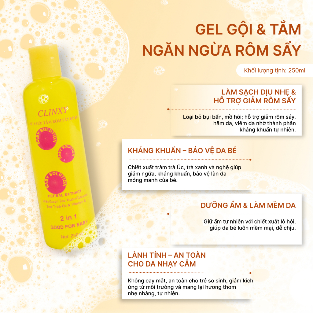 (Combo 2 Chai) Sữa Tắm Cho Bé Clinxy Dòng TIêu Chuẩn, Gel Tắm Gội Hỗ Trợ Ngừa Rôm Sảy (250ml)