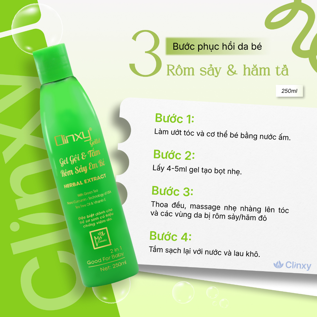 (Combo 2 Chai) Sữa Tắm Cho Bé Clinxy Gold, Gel Tắm Ngừa Rôm Sảy, Hỗ Trợ Làm Dịu Da Bé (250ml)