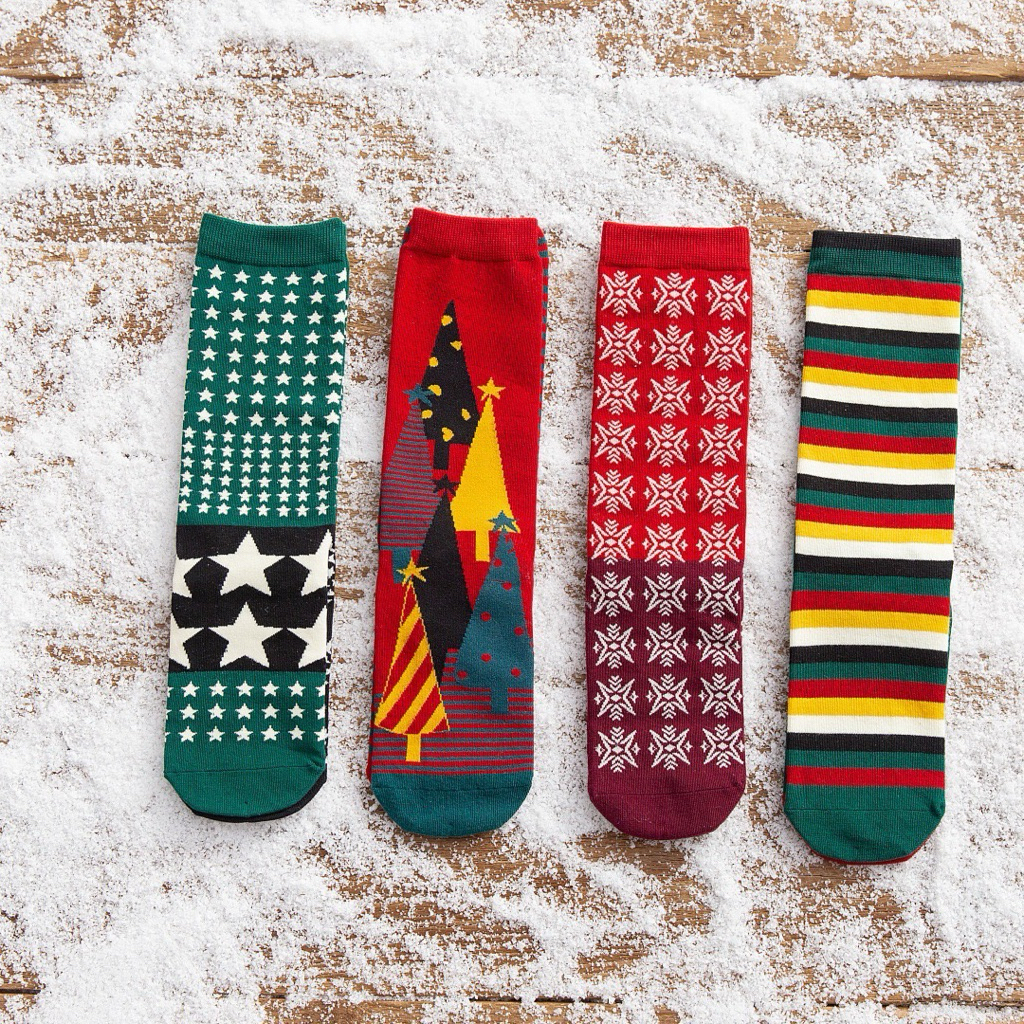 [HỘP DA NAM CHÂM] Set Combo 4 Tất Vớ Cổ Cao Hoạ Tiết Noel Giáng Sinh Cotton Haste Nhiều Màu Sắc Quà Tặng Dễ Thương Ấm Áp