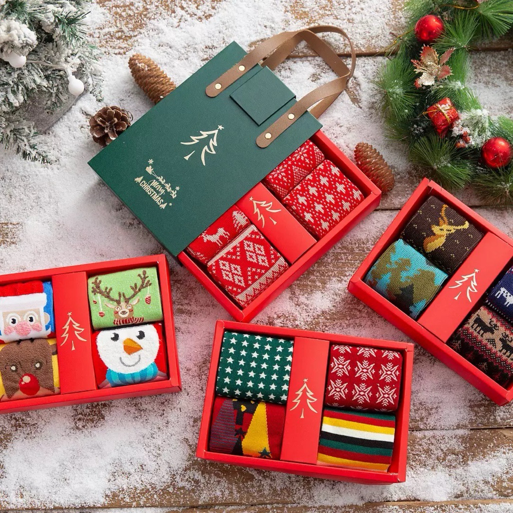 [HỘP DA NAM CHÂM] Set Combo 4 Tất Vớ Cổ Cao Hoạ Tiết Noel Giáng Sinh Cotton Haste Nhiều Màu Sắc Quà Tặng Dễ Thương Ấm Áp