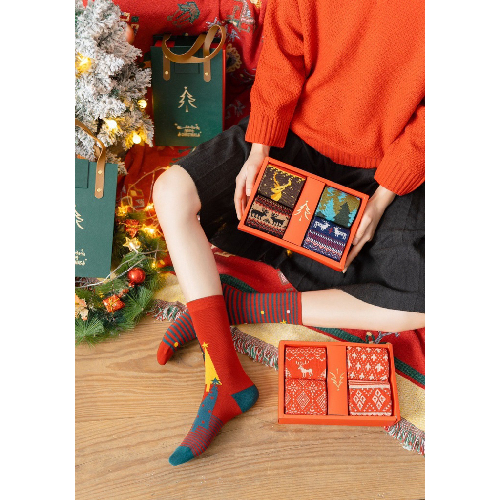 [HỘP DA NAM CHÂM] Set Combo 4 Tất Vớ Cổ Cao Hoạ Tiết Noel Giáng Sinh Cotton Haste Nhiều Màu Sắc Quà Tặng Dễ Thương Ấm Áp