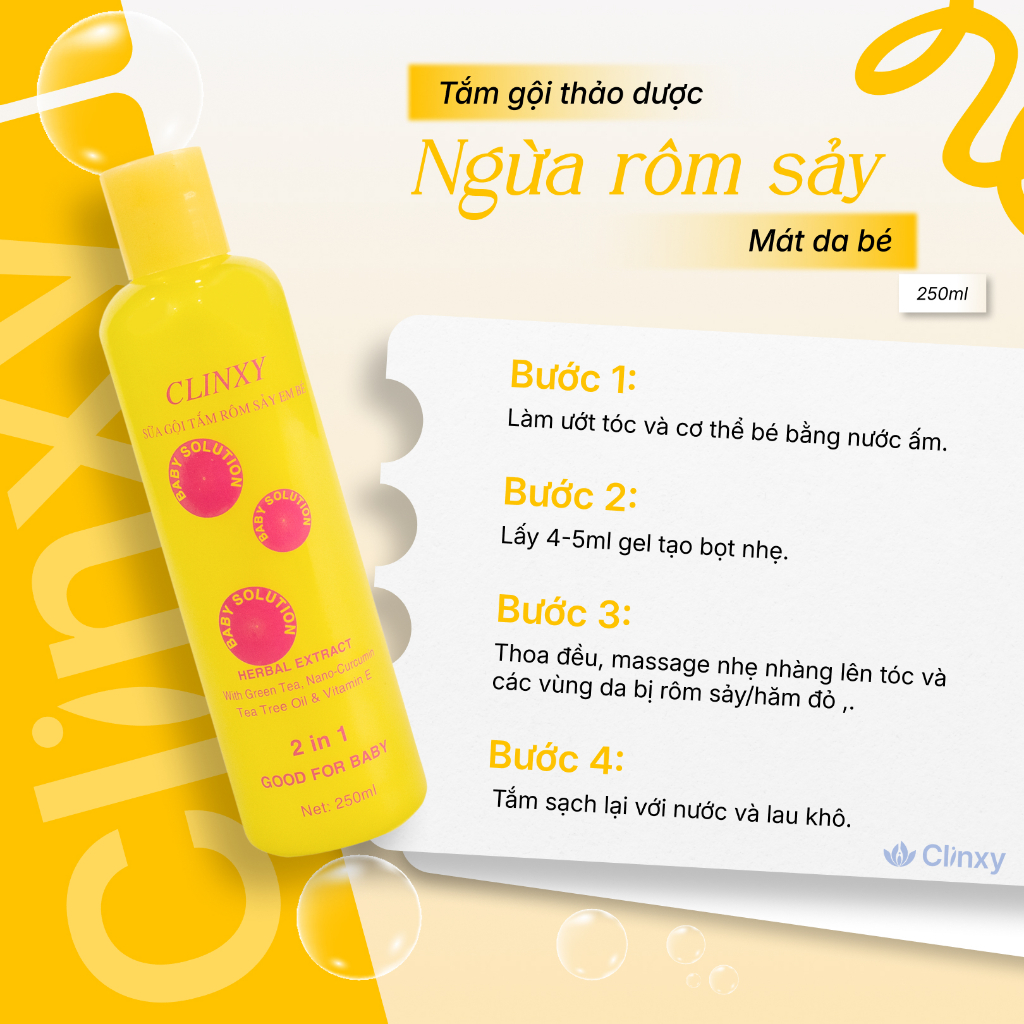 (Combo 2 Chai) Sữa Tắm Cho Bé Clinxy Dòng TIêu Chuẩn, Gel Tắm Gội Hỗ Trợ Ngừa Rôm Sảy (250ml)