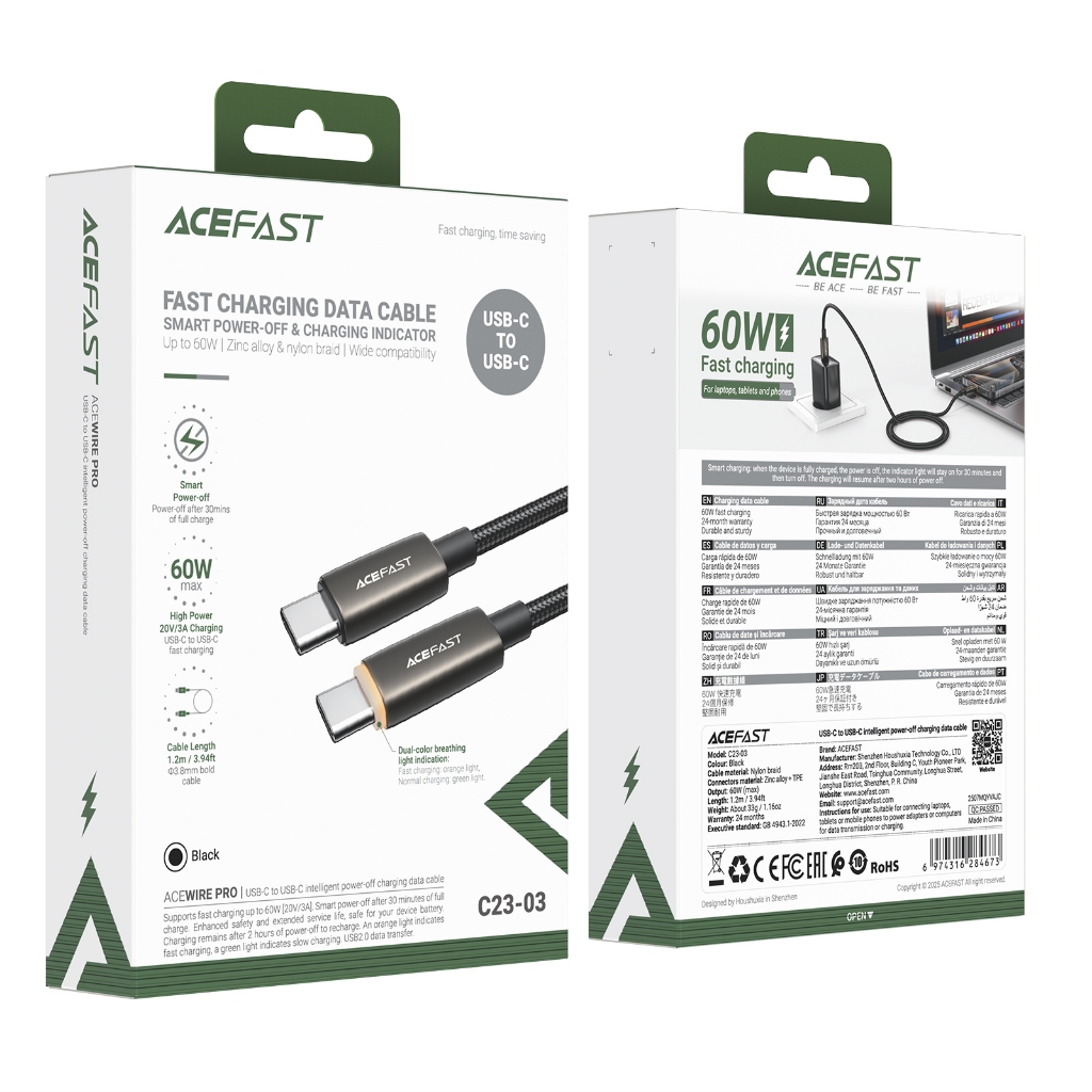 Cáp sạc nhanh C to C ACEFAST C23-03 60W – Tự ngắt an toàn, dây bện bền bỉ 1.2m