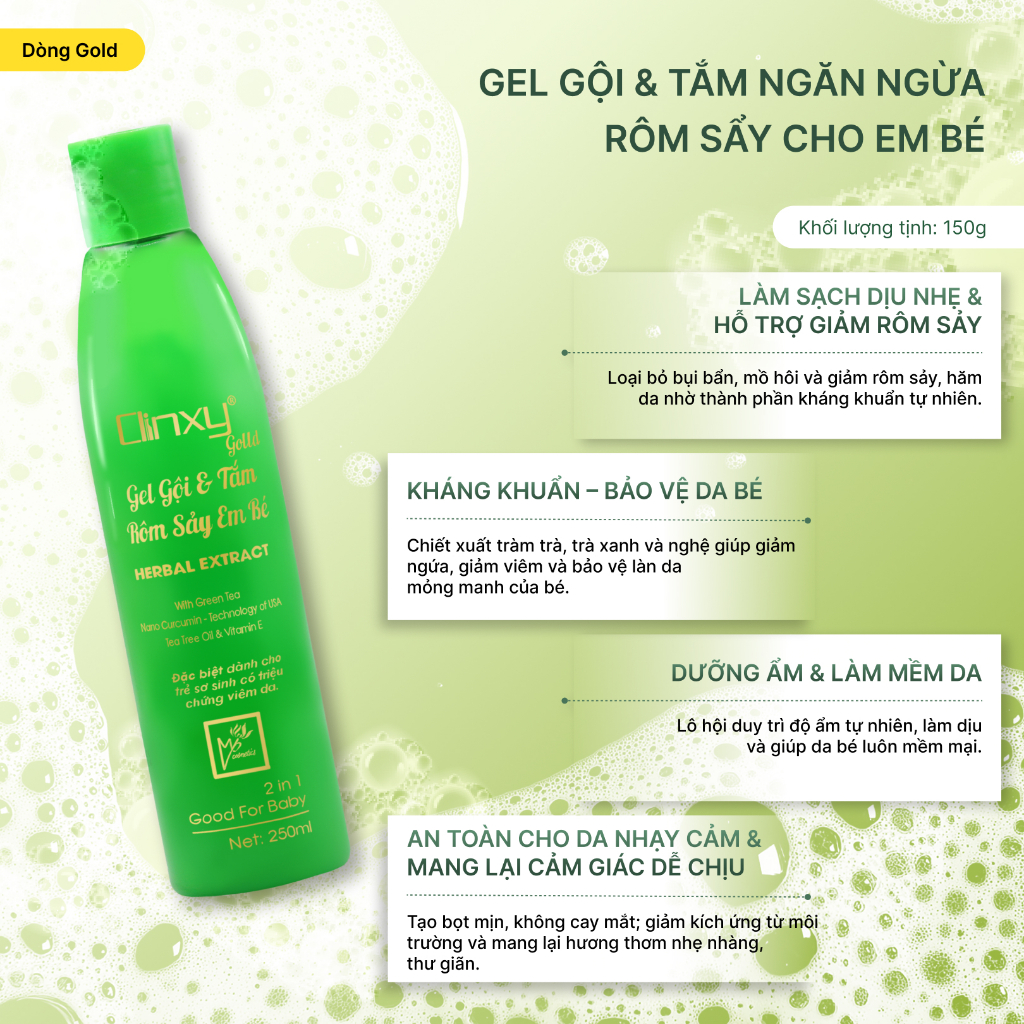 (Combo 2 Chai) Sữa Tắm Cho Bé Clinxy Gold, Gel Tắm Ngừa Rôm Sảy, Hỗ Trợ Làm Dịu Da Bé (250ml)