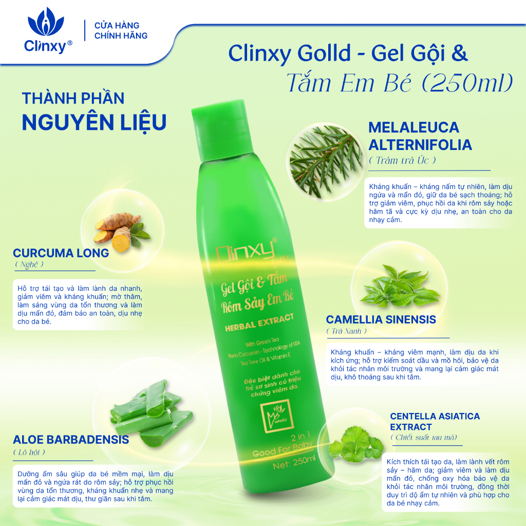 (Combo 2 Chai) Sữa Tắm Cho Bé Clinxy Gold, Gel Tắm Ngừa Rôm Sảy, Hỗ Trợ Làm Dịu Da Bé (250ml)