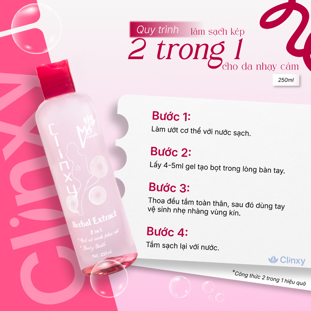 (Combo 2 Chai) Gel Tắm Và Vệ Sinh Nữ Clinxy Dành Cho Phụ Nữ Mang Thai, Sữa Tắm Hỗ Trợ Dưỡng Ẩm