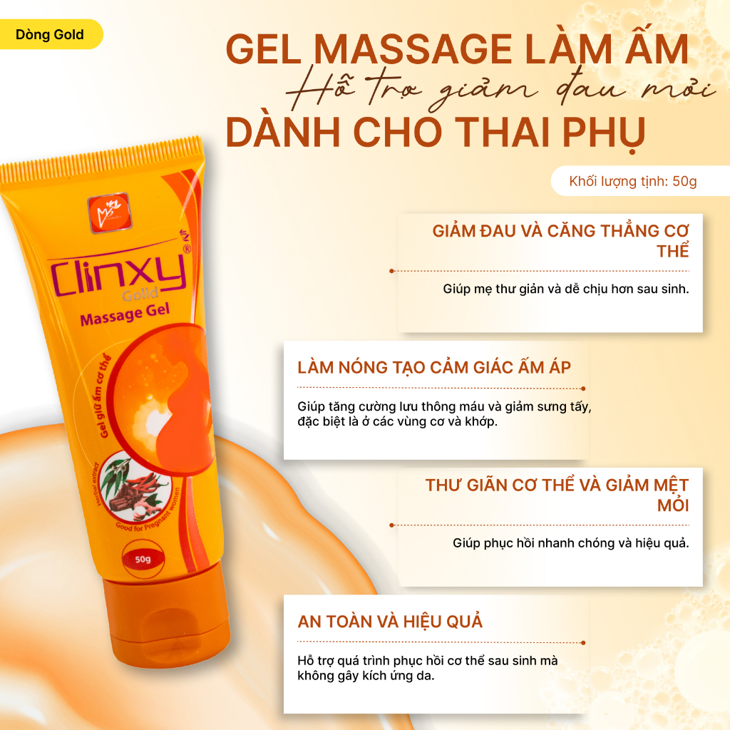 (Combo 2 Tuýp) Gel Massage Cho Thai Phụ Giảm Đau Mỏi, Làm Ấm Cơ Thể – Clinxy Gold Massage Gel (50g)