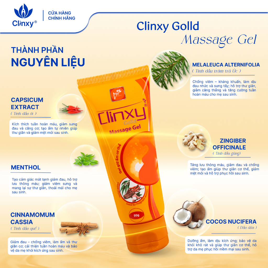 (Combo 2 Tuýp) Gel Massage Cho Thai Phụ Giảm Đau Mỏi, Làm Ấm Cơ Thể – Clinxy Gold Massage Gel (50g)