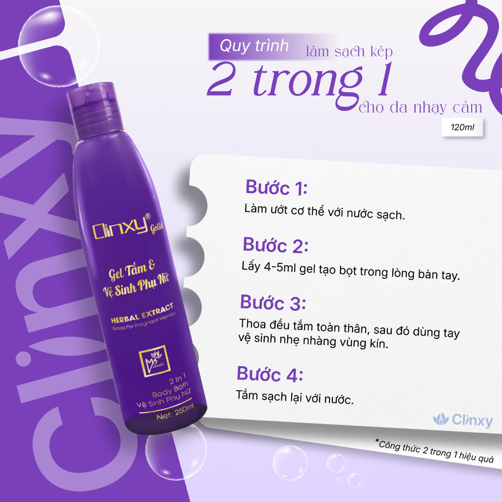(Combo 2 Chai) Gel Tắm Và Vệ Sinh Phụ Nữ Clinxy Gold, Sữa Tắm Dịu Nhẹ Hỗ Trợ Dưỡng Ẩm Sâu (250ml)