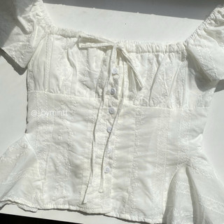 Hanie Top | Áo kiểu tay cánh tiên chất hoa thêu phối nơ nhẹ nhàng, nữ tính | Bymintt