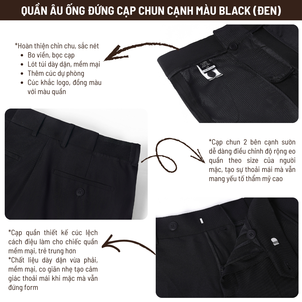 Quần Tây Nam Màu Đen Ống Đứng Cạp Chun Cạnh Sườn WHY NOT - Quần Âu Nam Cạp Cao WHY.NOT