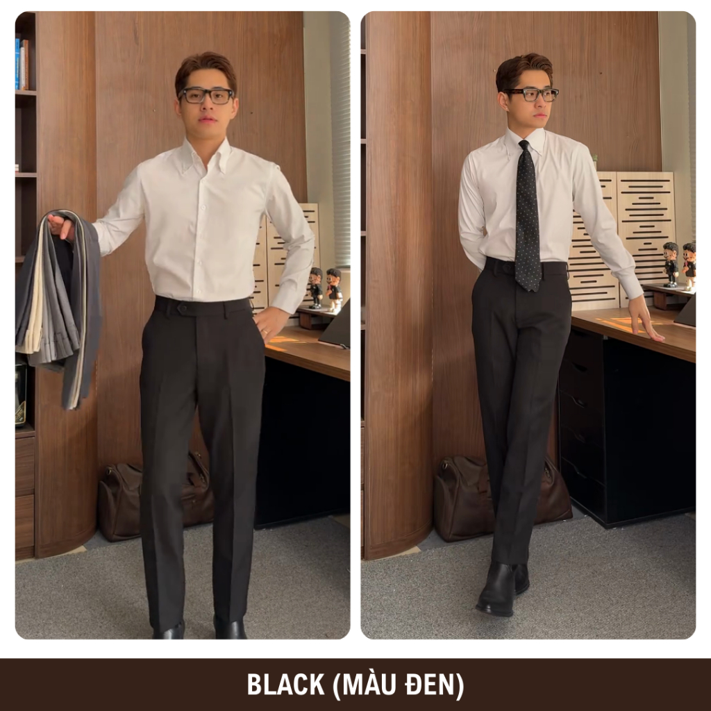 Quần Tây Nam Màu Đen Ống Đứng Cạp Chun Cạnh Sườn WHY NOT - Quần Âu Nam Cạp Cao WHY.NOT