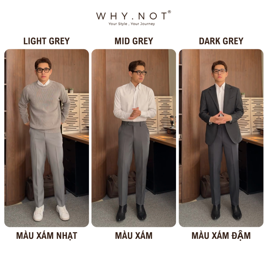 Quần Tây Nam Màu Ghi Nhạt (Xám) Ống Đứng Cạp Chun Cạnh Sườn WHY NOT - Quần Âu Nam Cạp Cao WHY.NOT