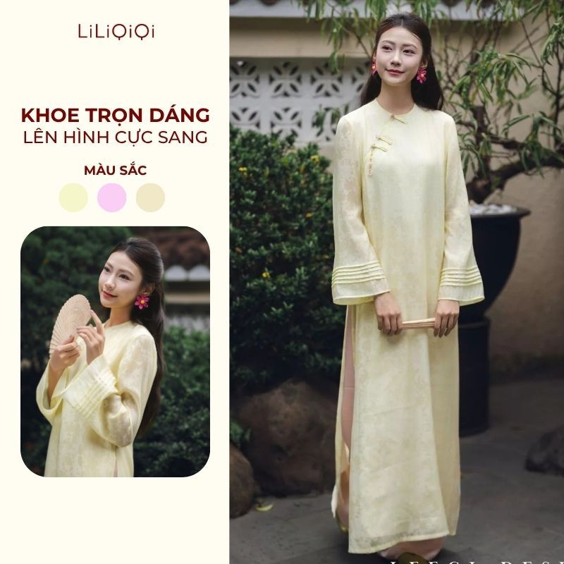 Áo dài nữ truyền thống dáng suông Thanh Anh cổ tròn tơ gấm hoa LiLiQiQi By LeeGi - AD03
