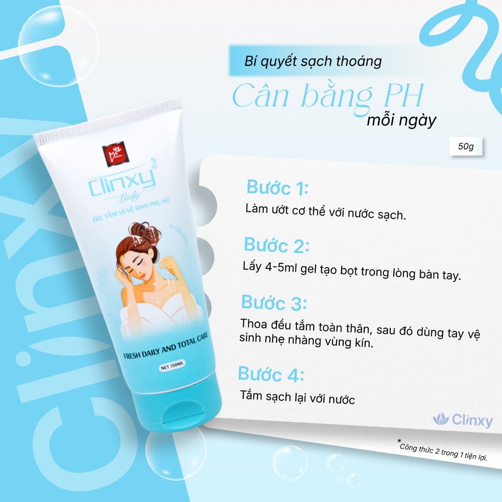 (Combo 2 Tuýp) Gel Tắm Và Vệ Sinh Nữ Clinxy Lady, Sữa Tắm Hỗ Trợ Kháng Khuẩn Và Dưỡng Ẩm Da (150ml)