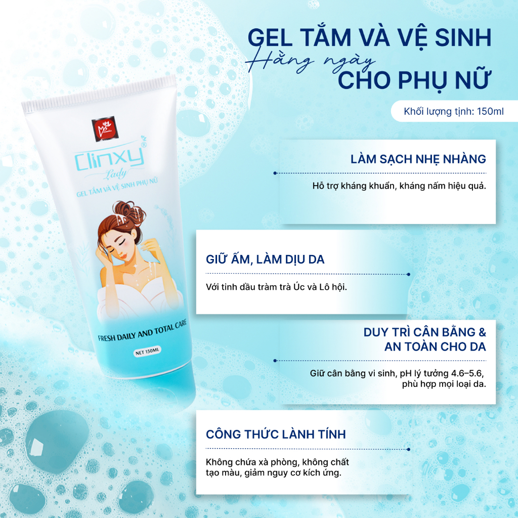 (Combo 2 Tuýp) Gel Tắm Và Vệ Sinh Nữ Clinxy Lady, Sữa Tắm Hỗ Trợ Kháng Khuẩn Và Dưỡng Ẩm Da (150ml)