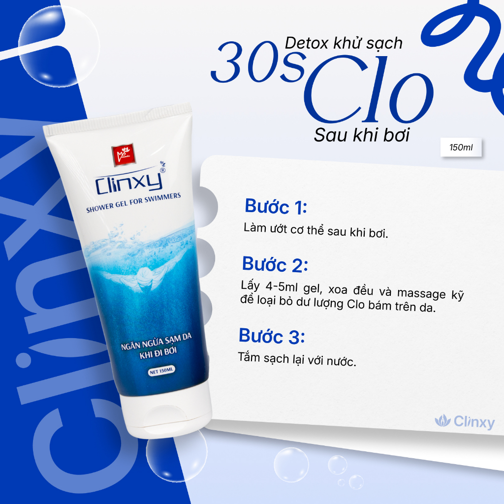 [TẶNG 1 BODY LOTION 275K] Combo 2 Sữa Tắm Khử Clo Clinxy Dành Cho Người Đi Bơi, Gel Tắm Làm Sạch Da Sau Bơi 150mlx2