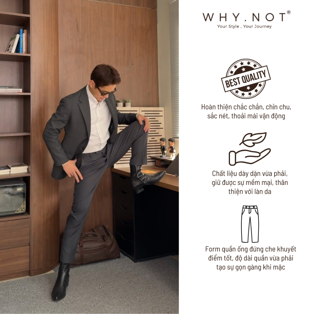 Quần Tây Nam Màu Ghi Nhạt (Xám) Ống Đứng Cạp Chun Cạnh Sườn WHY NOT - Quần Âu Nam Cạp Cao WHY.NOT