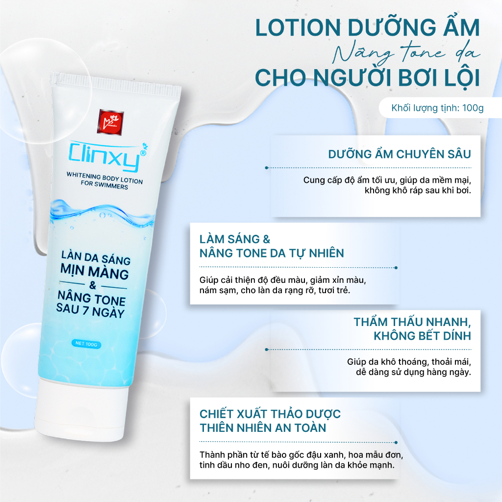 Sữa Dưỡng Thể Lotion Body Clinxy Dành Cho Người Đi Bơi, Cấp Ẩm Sâu, Hỗ Trợ Sáng Da 100ML