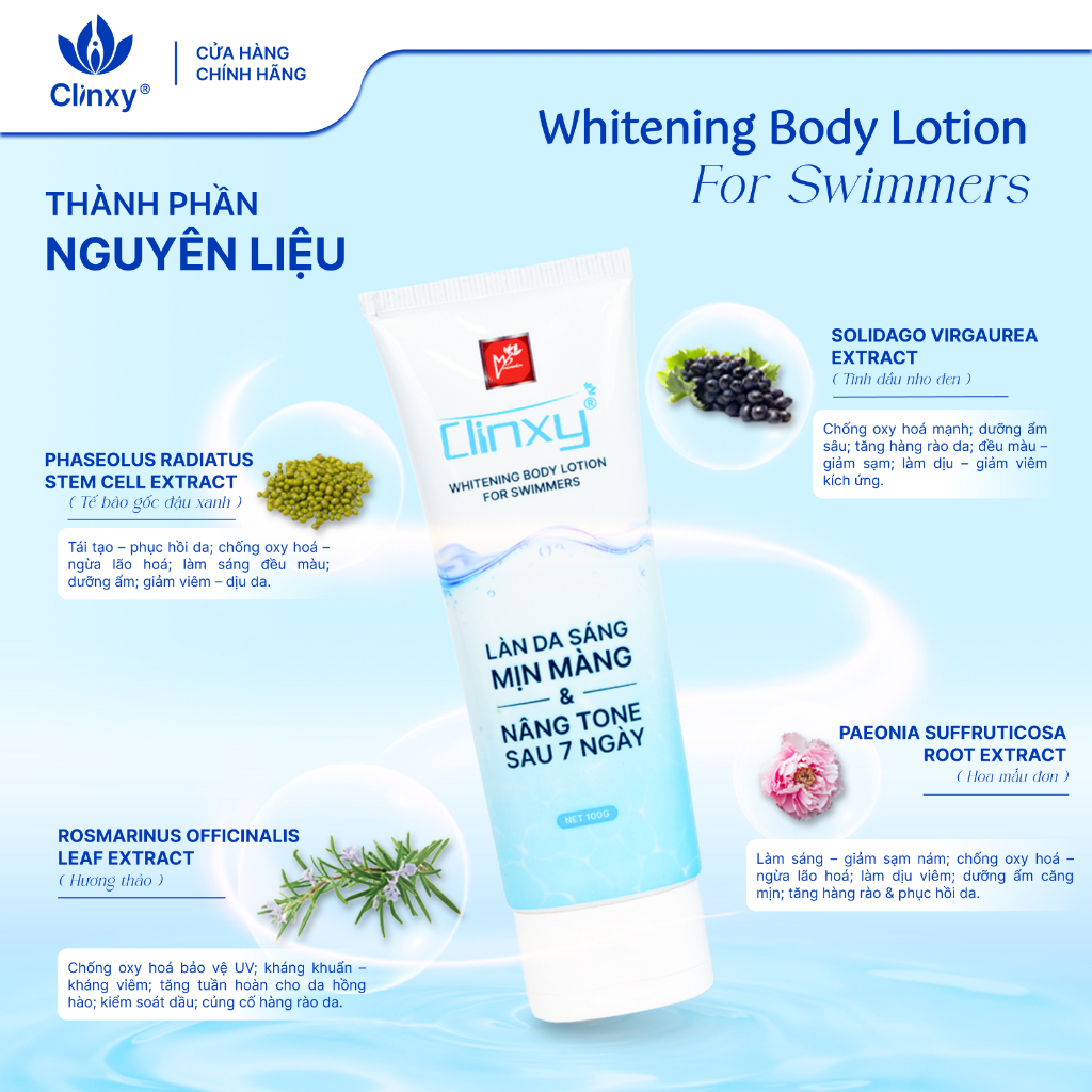 Sữa Dưỡng Thể Lotion Body Clinxy Dành Cho Người Đi Bơi, Cấp Ẩm Sâu, Hỗ Trợ Sáng Da 100ML