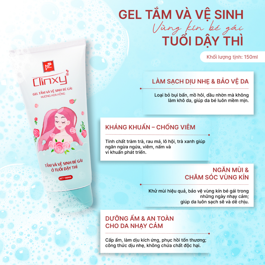Gel Tắm Và Vệ Sinh Bé Gái Clinxy, Sữa Tắm Dịu Nhẹ An Toàn Dùng Hằng Ngày Cho Bé (150ml)