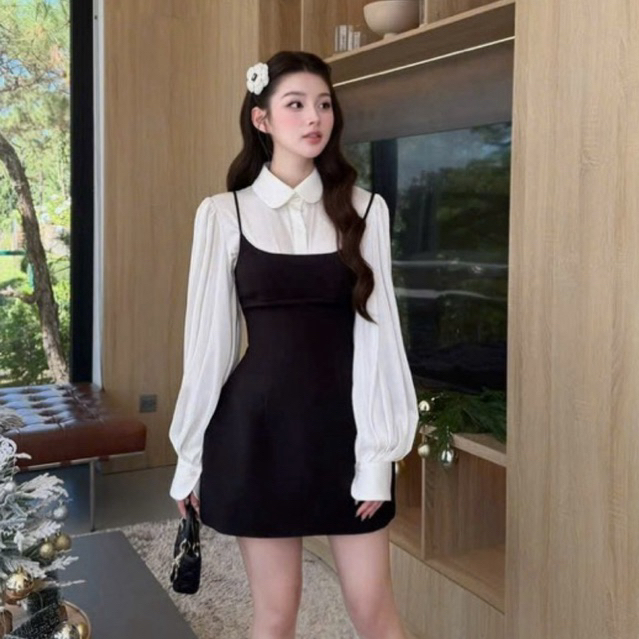 MIU.STUDIO •”Isabe Set” Set áo sơmi cổ sen tay bồng phối váy yếm 2S ngắn xoè chiết eo tôn dáng - style basic sang chảnh