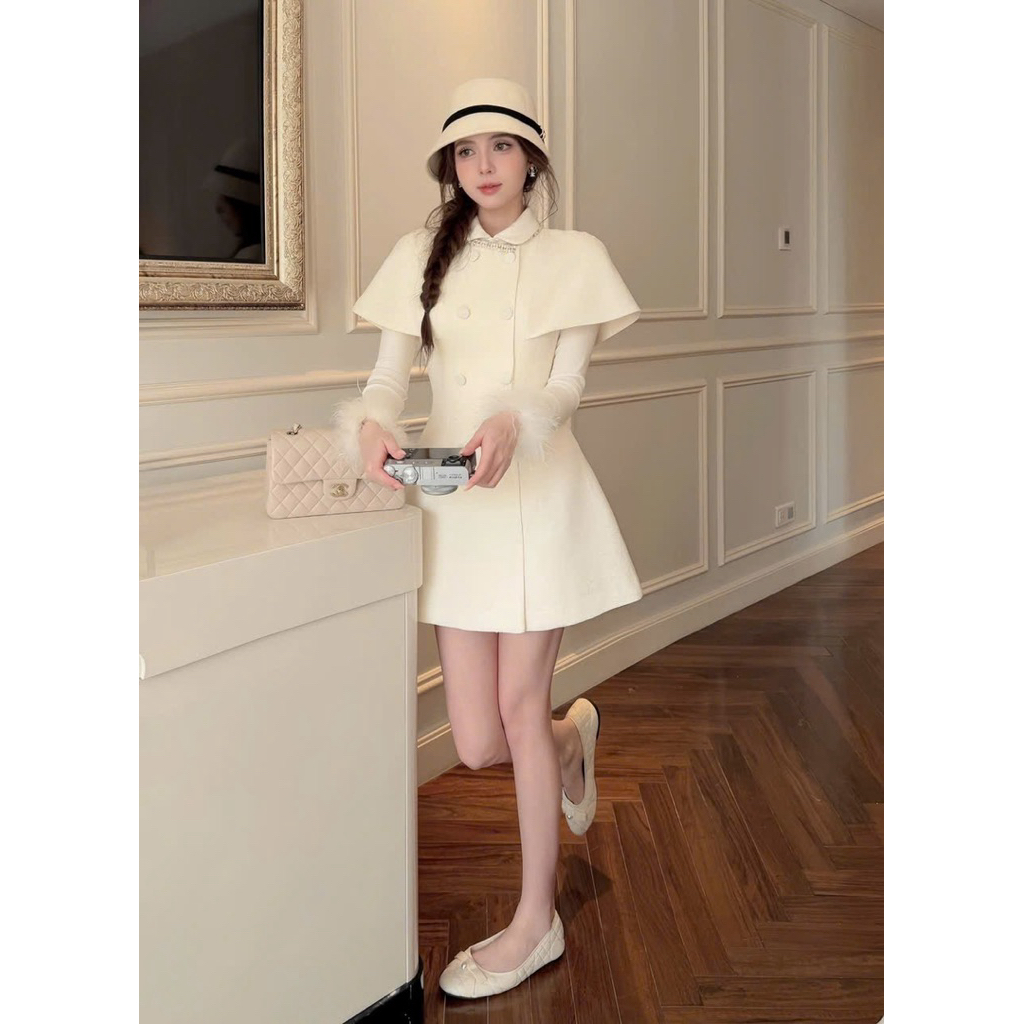 Set 2 món : Váy choàng dạ cúc bọc cộc tay phối cổ viền đá kèm Áo cổ sen tay lông style tiểu thư sang chảnh •MIU.STUDIO