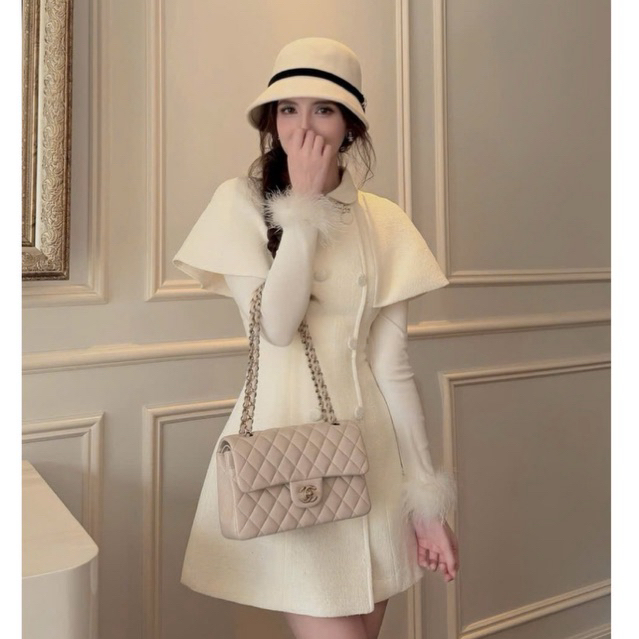 Set 2 món : Váy choàng dạ cúc bọc cộc tay phối cổ viền đá kèm Áo cổ sen tay lông style tiểu thư sang chảnh •MIU.STUDIO