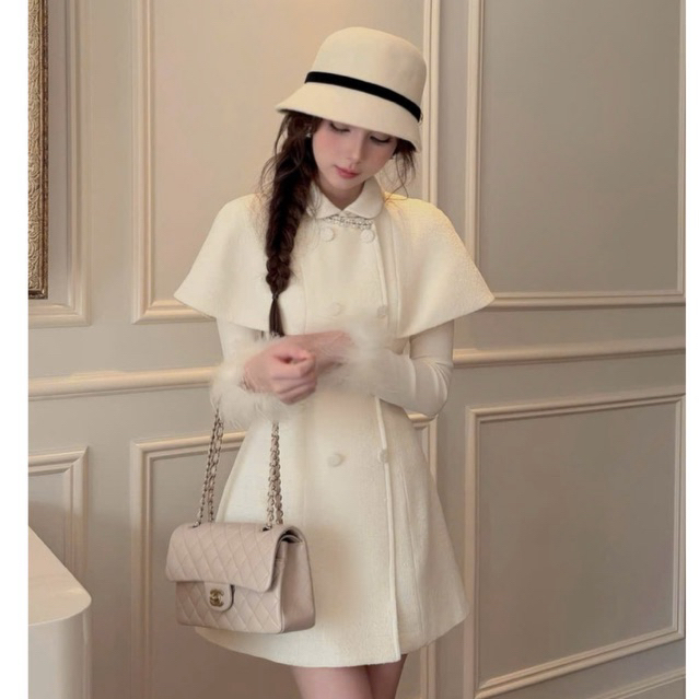 Set 2 món : Váy choàng dạ cúc bọc cộc tay phối cổ viền đá kèm Áo cổ sen tay lông style tiểu thư sang chảnh •MIU.STUDIO
