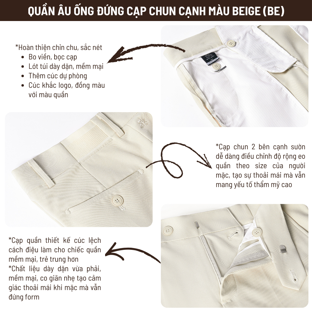 Quần Tây Nam Màu Be Ống Đứng Cạp Chun Cạnh Sườn WHY NOT - Quần Âu Nam Cạp Cao WHY.NOT Màu Beige