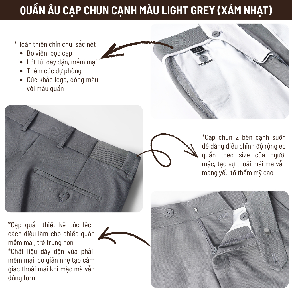 Quần Tây Nam Màu Ghi Nhạt (Xám) Ống Đứng Cạp Chun Cạnh Sườn WHY NOT - Quần Âu Nam Cạp Cao WHY.NOT