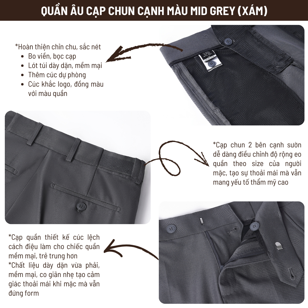 Quần Tây Nam Màu Ghi (Xám) Ống Đứng Cạp Chun Cạnh Sườn WHY NOT - Quần Âu Nam Cạp Cao WHY.NOT Mid Grey