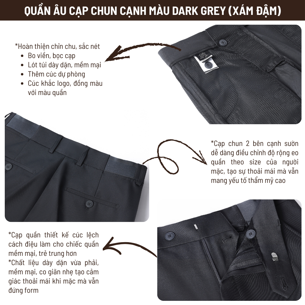 Quần Tây Nam Màu Ghi Đậm (Xám Đậm) Ống Đứng Cạp Chun Cạnh Sườn WHY NOT - Quần Âu Nam Cạp Cao WHY.NOT Dark Grey