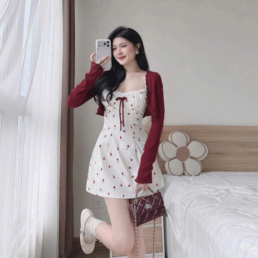 [KÈM ẢNH THẬT] Set váy mango in họa tiết cherry có mút kèm áo khoác thun gân, dáng ôm A tôn eo – siêu dễ thương