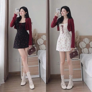 Set váy mango in họa tiết cherry có mút kèm áo khoác thun gân, dáng ôm A tôn eo – siêu dễ thương