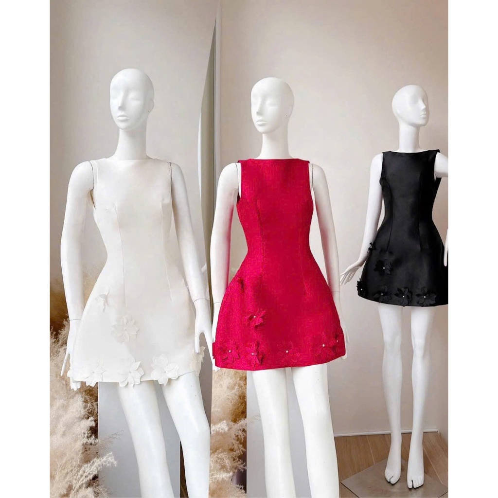 Đầm xoè sát nách CHẤT tapta đính hoa nổi sang trọng – thiết kế tôn dáng dự tiệc, 3 màu đẹp xuất sắc