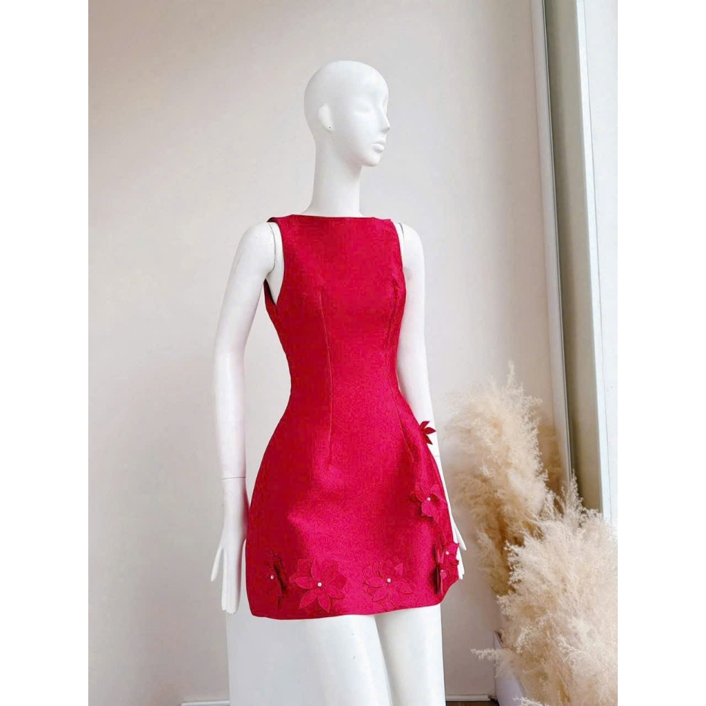 Đầm xoè sát nách CHẤT tapta đính hoa nổi sang trọng – thiết kế tôn dáng dự tiệc, 3 màu đẹp xuất sắc