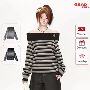 Áo len GRADPOPU trễ vai kẻ sọc chất liệu mềm mại thiết kế gợi cảm thoải mái dành cho nữ PAL177